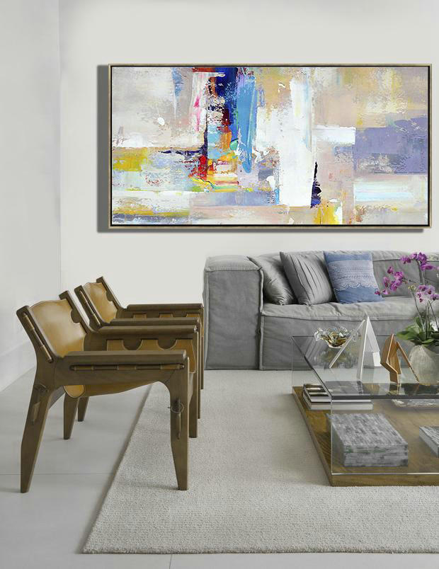 Large Abstract Art Handmade Oil Painting,Horizontal Palette Knife Contemporary Art Panoramic Canvas Painting,Big Wall Art For Living Room,Grey,White,Blue,Purple.etc